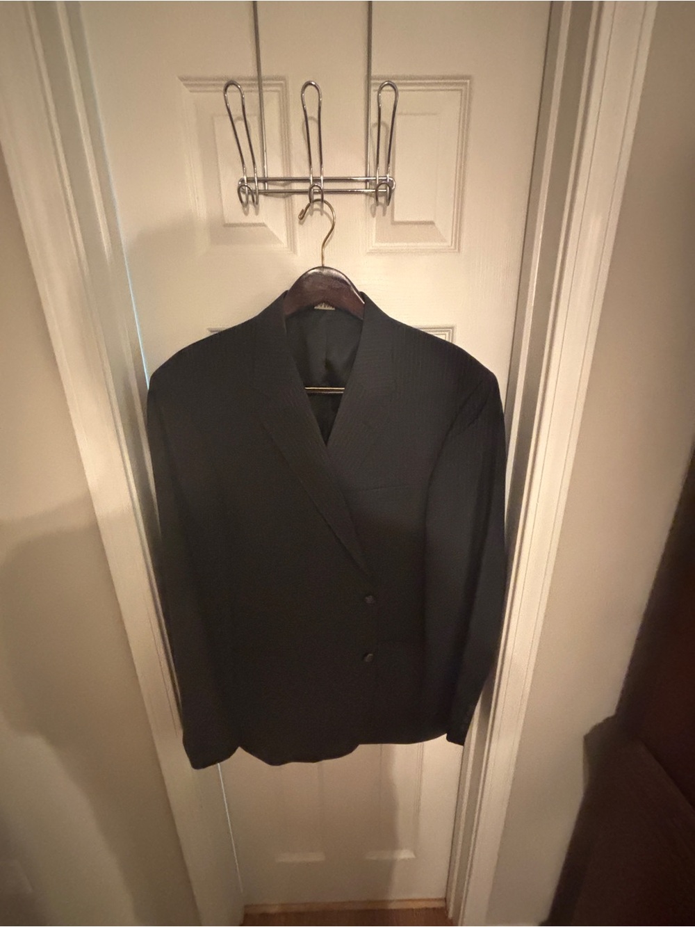 Jos. A. Bank Gray Pinstripe Suit. Small tear on right pocket.